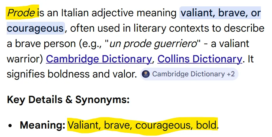 ProdE - Italian adjective meaning valiant, brave, or courageous